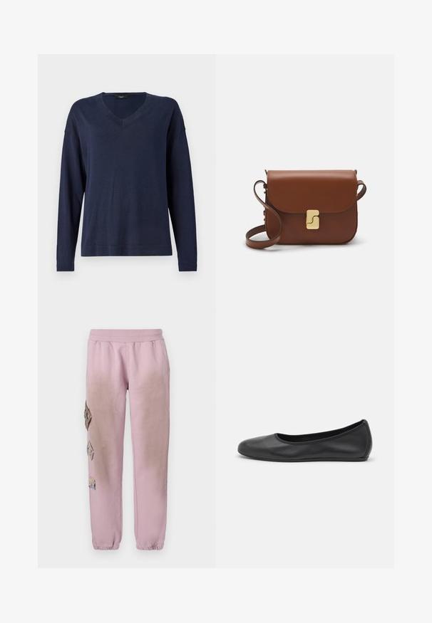 Pull en V à manches longues bleu marine. Tissu doux et léger avec une coupe décontractée et des poignets côtelés. Design simple et minimaliste sans motifs.; T-shirt blanc à manches courtes en tissu côtelé. Col rond, coupe régulière et détails de couture subtils. Aucune motif ni graphique.; Pantalon de survêtement rose avec une taille élastique, présentant des patches décoratifs en forme de diamant sur le côté gauche et des poignets élastiques aux chevilles.; Ballerines en cuir noir avec un bout rond, texture lisse, détails de couture minimalistes et design de semelle flexible.; Sac à main en cuir marron avec une fermeture à rabat, des accents en métal doré, une bandoulière et une texture lisse. Forme rectangulaire compacte.