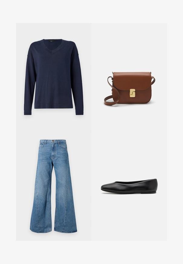 Navy blue long-sleeve V-neck sweater. Soft, lightweight fabric with a relaxed fit and ribbed cuffs. Simple, minimalist design without patterns.; Wide-leg blue denim jeans with a high waist, featuring classic five-pocket styling and slight fading for texture.; Paul Smith TOPANGA - Ballet pumps - black; Brown leather handbag with a flap closure, gold-tone hardware, a shoulder strap, and a smooth texture. Compact rectangular shape.