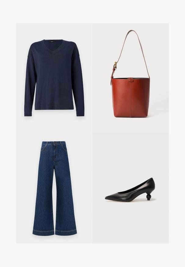 Ναυτικό μπλε μακρυμάνικη μπλούζα με V λαιμόκοψη. Απαλή, ελαφριά ύφανση με χαλαρή γραμμή και ριμπ μανσέτες. Απλός, μινιμαλιστικός σχεδιασμός χωρίς σχέδια.; Μπλέ τζιν παντελόνια σε φαρδιά γραμμή με ψηλή μέση, που διαθέτουν κουμπί κλεισίματος, θηλίες ζώνης και διακριτές ραφές κατά μήκος των τσεπών και των τελειωμάτων.; Μαύρο δερμάτινο ψηλοτάκουνο παπούτσι με μυτερή μύτη και στρογγυλή, μπαλαρίνα σόλα. Λείο υλικό με κομψό, μινιμαλιστικό σχέδιο.; Καφέ δερμάτινη τσάντα της μορφής κουβά με ρυθμιζόμενο λουρί ώμου και χρυσό τόνο στο κούμπωμα, απλή κατακόρυφη ραφή μπροστά.