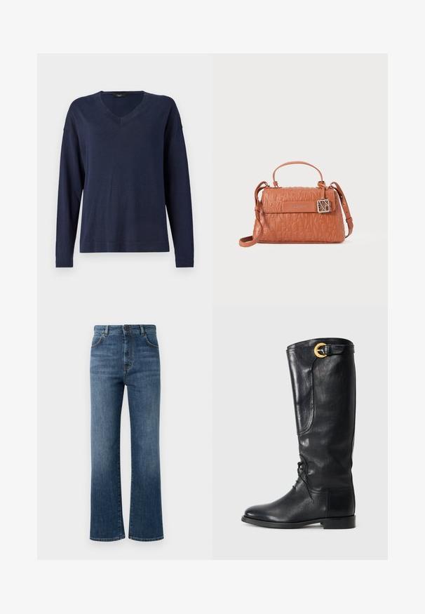 Pulover lung cu mânecă lungă de culoare bleumarin, cu decolteu în V. Material moale, ușor, cu o croială lejeră și manșete ripoate. Design simplu, minimalist, fără modele.; Blugi din denim de culoare albastru închis, cu design drept, cinci buzunare, închidere cu nasture și detalii subtile de cusătură.; Cizme negre din piele, până la genunchi, cu vârful rotund, șireturi în față, detalii laterale și o cataramă aurie în partea de sus. Textură netedă.; Geantă din piele portocalie cu un design embosat al logo-ului, un mâner superior, curea de umăr ajustabilă și un accent din metal alb.