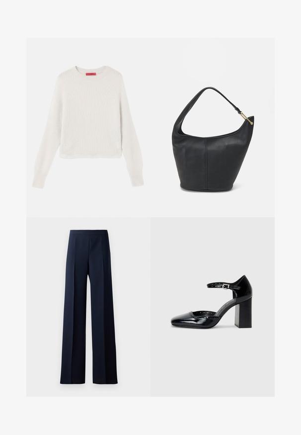 Svijetlosmeđi rebrasti pulover s dugim rukavima, okruglim izrezom i skraćenim dizajnom. Tekstura tkanine je mekana i teksturirana s vidljivim linijama.; Hlače širokih nogavica od tamnoplave tkanine, s glatkom teksturom, suptilnim prednjim naborima i prilagođenim strukom za elegantnu siluetu.; Crne lakirane cipele s visokom potpeticom, kvadratnim vrhom, kaišem oko gležnja i debelim potpeticama. Sadrže perforirane detalje uz rub.; Crna kožna torba za ruke s zaobljenim oblikom, širokim remenom i teksturiranim završetkom. Sadrži suptilan detalj šava i zlatnu metalnu akcentu.