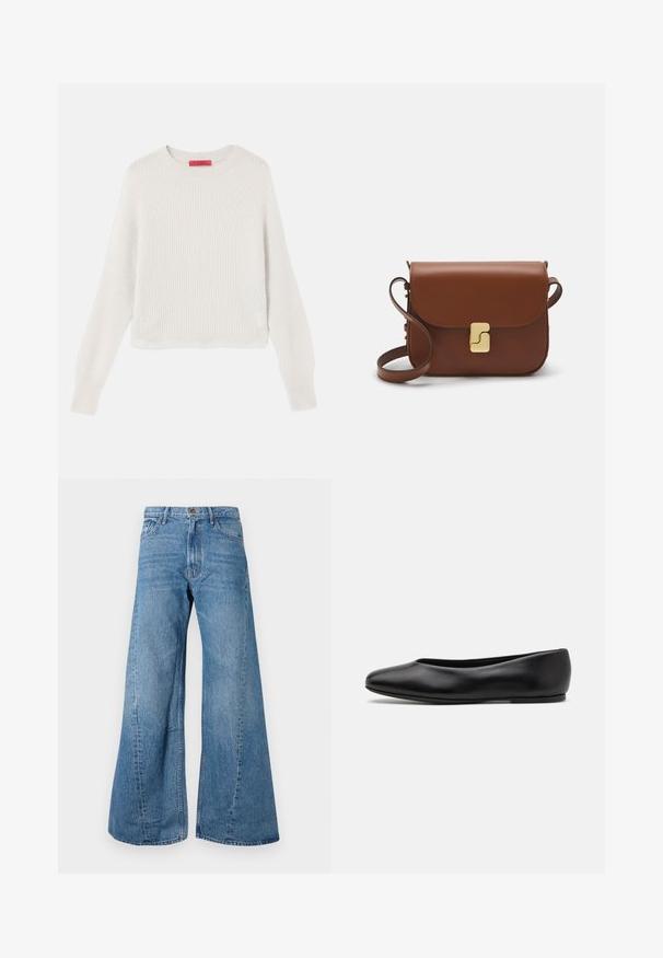 Light beige ribbed sweater with long sleeves, round neckline, and a cropped design. Fabric texture is soft and textured with visible lines.; Wide-leg blue denim jeans with a high waist, featuring classic five-pocket styling and slight fading for texture.; Paul Smith TOPANGA - Ballet pumps - black; Brown leather handbag with a flap closure, gold-tone hardware, a shoulder strap, and a smooth texture. Compact rectangular shape.