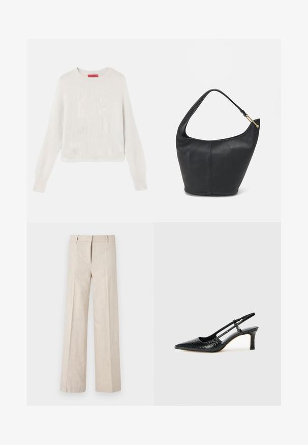 Hele beež ribaga jumpers, millel on pikad varrukad, ümmargune kaelus ja lühendatud disain. Kangas on pehme ja tekstureeritud, nähtavate joontega.; Beežid laiade jalgade püksid kergest kangast, millel on sile tekstuur ja puhtad eesplekid. Vöökoht on kohandatud vöötaskutega.; Mustmust paelad, millel on terav varvas, tekstuuriga maduprindiga, reguleeritav rihm ja lühike tekstuuriga plokknina.; Musthave musta nahast käekott ümarate servadega, laia rihmaga ja tekstureeritud pinnaga. Omab peenelt õmblust detailina ning kullatooni aksessuaare.