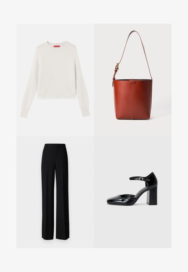 Hele beež ribaga jumpers, millel on pikad varrukad, ümmargune kaelus ja lühendatud disain. Kangas on pehme ja tekstureeritud, nähtavate joontega.; Mustad laiad püksid mustas värvitoonis, sujuva tekstuuri ja kõrge vöökoha ning keskmiste voldikutega. Ilma nähtavate mustrite või tarvikute detailideta.; Mustad lakknahk kingad kõrge kontsaga, ruudukujulise varbaga, pahkluu rihmaga ja paksu kontsaga. Sisaldab perforatsioonidega detaile ääres.; Pruun nahast ämbri kott reguleeritava õlavööga ja kuldse määrdega, lihtne vertikaalne õmblusdetail ees.