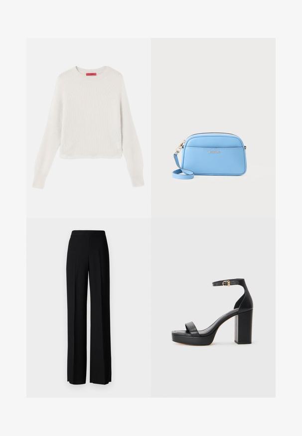 Pulover ribbed bej deschis, cu mâneci lungi, decolteu rotund și un design scurtat. Textura țesăturii este moale și texturată, cu linii vizibile.; Pantaloni negri cu picioare largi, cu o textură netedă, având o talie înaltă și pliseuri centrale. Fără modele vizibile sau detalii de hardware.; Sandale cu platformă negre, cu toc gros, din material din piele netedă, cu vârf deschis și un sistem de prindere la gleznă cu un accent de cataramă aurie.; Geantă de umăr din piele albastru deschis, cu accente aurii, închidere cu fermoar și un buzunar frontal. Dispune de o curea ajustabilă pentru confort.