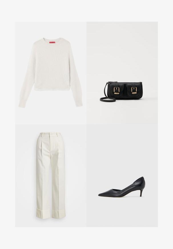 Lys beige ribbet sweater med lange ærmer, rund halsudskæring og en cropped design. Stofstrukturen er blød og tekstureret med synlige linjer.; Hvide skræddersyede bukser med høj talje, dobbelte frontfolder og vide ben med opfoldede manchetter. Fremstillet af en glat, struktureret stof.; Sort læderpumpe med spids tå og lav hæl. Har en glat tekstur og subtil glans. Åben udskæring foran for ekstra detalje.; Sort læder crossbody taske med to frontlommer, guldspænder, lynlåslukning og en slank rem. Struktureret overflade og kompakt rektangulær form.