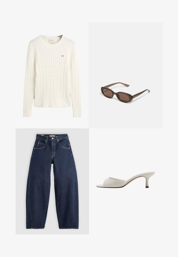 Witte kabelgebreide sweater met lange mouwen, geribde ronde hals en onderrand, met een klein geborduurd logo op de borst.; Donkerblauwe denim jeans met een losse fit, lichte stiksels, vijf zakken en een knoopsluiting op de taille.; Witte open-toed hoge hakken met een gladde afwerking, minimalistisch ontwerp en een slanke hak, met een subtiele bruine accent op de zool.; Brown ovalen zonnebrillen met donkere lenzen. Het montuur is gemaakt van doorzichtig bruin materiaal en heeft een logo dat op de slapen is gedrukt.; Groeneleren handtas met een gladde textuur, gebogen vorm en gevlochten handvat. Beschikt over een ritsluiting en een verstelbare schouderband.