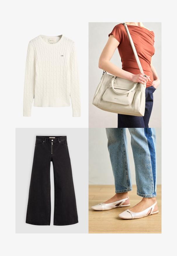 Balts adītais džemperis ar garām piedurknēm, ar ribotu apkakli un apakšmalu, kas rotāts ar mazu izšūtu logo uz krūtīm.; Platas kājas džinsi melnā džinsa audumā ar rāvējslēdzēju priekšā, piecu kabatu dizains un smalkas šuvju detaļas. Gluda tekstūra un ikdienišķs stils.; Bālti rozā siksniņu dzīvokļi ar smailu purngalu, izgatavoti no gludas ādas līdzīgās materiāla. Iezīmē izgriezumu detaļas sānos un platu papēdi.; Balta ādas rokas soma ar diviem rokturiem un noņemamu siksnu, ar priekšējo rāvējslēdzēja kabatu un gludu tekstūru. Cilvēka rokā.