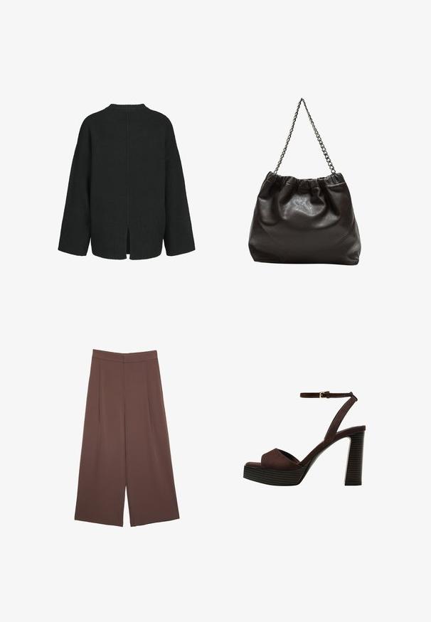 Črna oversize pulover iz teksturiranega pletenega materiala. Ima okroglo ovratnico, spuščena ramena in stranske razpoke na robu.; Rjave široke hlače z gladko teksturo, ki imajo visok pas in sprednje naborke. Tkanina je lahka in prosto pada.; Rjave semiš sandale z visoko peto, odprto spredaj, z nastavljivim gležnjenjem in črtastim podplatom.; Rjava usnjena torba z nabranim vrhom in verižnim trakom. Gladka tekstura z sijajno površino in subtilnimi šivi na straneh.