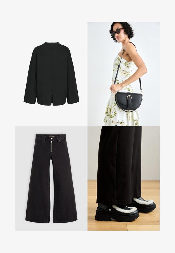 Suéter oversized preto feito de tecido de malha texturizada. Apresenta um decote redondo, ombros caídos e fendas laterais na bainha.; Calças de ganga de perna larga em denim preto com fecho éclair à frente, design de cinco bolsos e detalhes de costura subtil. Textura suave e estilo casual.; Sapatos de plataforma pretos com um acabamento peludo branco, ponta arredondada e tiras com um botão de metal. Usados com calças pretas em um chão de madeira.; Bolsa de couro preta com forma curva, alça destacável e detalhes em dourado. A bolsa possui uma aba com detalhe de fivela.