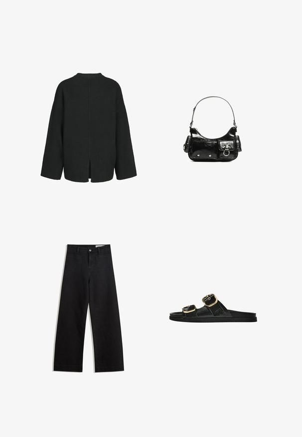 Schwarzer oversized Pullover aus strukturiertem Strickstoff. Verfügt über einen runden Ausschnitt, überschnittene Schultern und seitliche Schlitze am Saum.; Schwarze weit geschnittene Jeans mit hoher Taille, ausgestattet mit Vorder- und Hintertaschen, gesteppten Nähten und einem Knopfverschluss. Glatte Textur.; Schwarze Riemensandale mit zwei goldenen Schnallendetails, glattem Material, flachem Sohlen und minimalistischer Gestaltung.; Schwarze Lackleder-Handtasche mit geschwungenem Design, einem Schulterriemen, Vordertaschen und silberfarbenen Hardware-Akzenten.