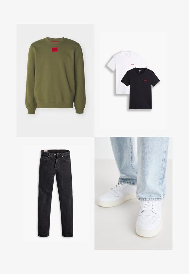 HUGO DIRAGOL - Sweatshirt - open green; Two short-sleeve t-shirts: one white and one black. Both made of cotton with a red Levi's logo on the chest. Simple crew-neck design.; Black denim jeans with a straight fit. Features five pockets, two front button closures, and subtle contrasting stitching. Matte texture.; White leather low-top sneakers with perforated toe, flat laces, and minimalistic design. Paired with light blue denim jeans.