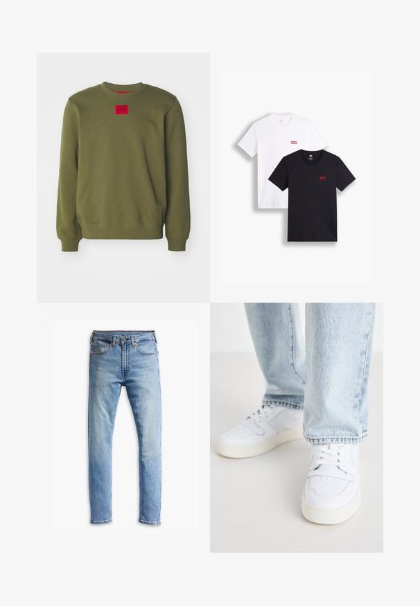 HUGO DIRAGOL - Φούτερ - open green; Δύο κοντομάνικες μπλούζες: μία λευκή και μία μαύρη. Και οι δύο είναι φτιαγμένες από βαμβάκι με ένα κόκκινο λογότυπο της Levi's στο στήθος. Απλός σχεδιασμός με στρογγυλή λαιμόκοψη.; Ανοιχτό μπλε τζιν παντελόνι με σχεδίαση ίσιας γραμμής, πέντε τσέπες, κλείσιμο με κουμπί και διακριτική φθορά σε όλη την ύφανση.; Λευκά δερμάτινα αθλητικά παπούτσια χαμηλού τύπου με τρυπητή μύτη, επίπεδες κορδόνια και μινιμαλιστικό σχέδιο. Συνδυάζονται με ανοιχτό μπλε τζην.