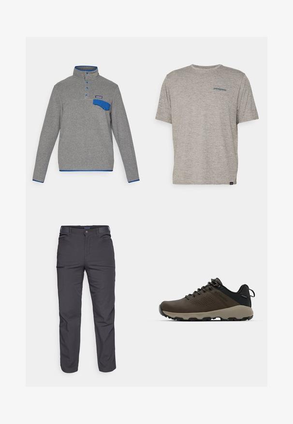 Szürke polár pulóver kék patentgombokkal, kék szegélyezésű gallérral, zsebfedéllel a mellkason, és a Patagonia logóval a zseb felett.; Szürke, rövid ujjú póló, puha, textúrált anyagból, bal mellkason egy kicsi kék Patagonia logóval. Nincsenek egyéb minták.; Sötétszürke nadrág tartós anyagból, zipzáros zsebbel, egyenes szabású és övhurkokkal az állítható illeszkedéshez.; Barna vízálló sportcipők texturált felsőrésszel, perforált díszítésekkel, fekete saroktámasszal és szürke gumi talppal. A cipőfűzők fém végződésekkel vannak ellátva.