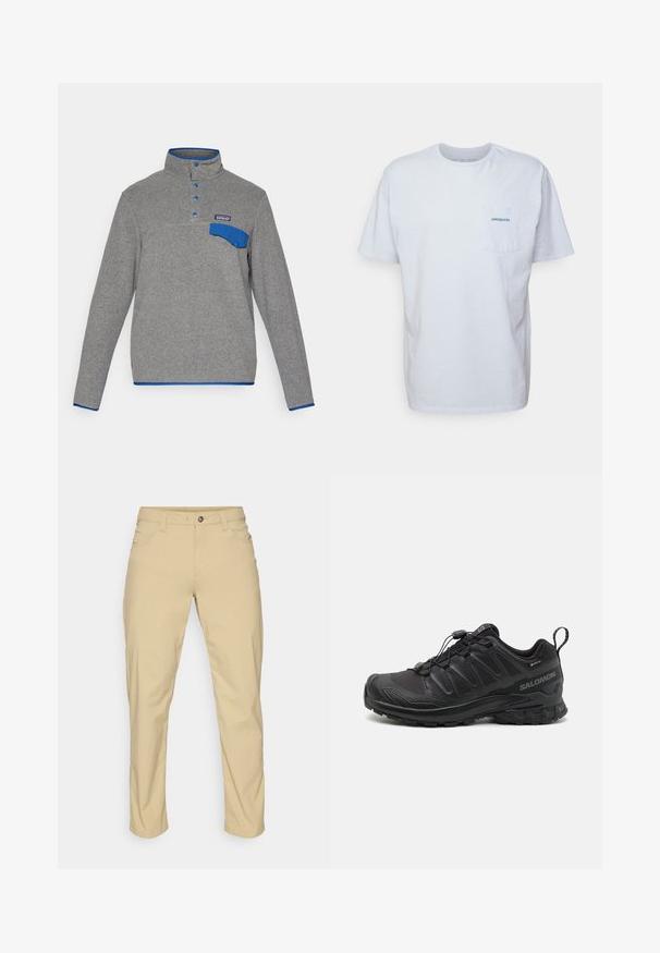 Harmaa fleece-paita, jossa on siniset nepparit, sinireunainen kaulus, rintataskun läppä ja Patagonia-logo taskun yllä.; Valkoinen puuvillapaita lyhyillä hihoilla, pyöreällä kaula-aukolla ja vasemmalla rintataskulla, jossa on sininen "Patagonia" -logo. Klassinen istuvuus ja sileä tekstuuri.; Patagonia QUANDARY PANTS - Ulkohousut - classic tan; Musta urheilukenkä, jossa on teksturoitu synteettinen päällinen, pehmustettu pohja ja nopea nauhoitusjärjestelmä. Varustettu vahvistetulla varpaalla ja kantapäällä.