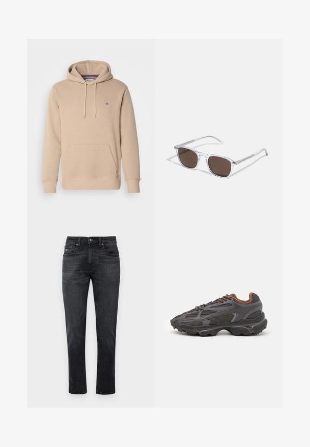 Béžová mikina s kapucí vyrobená z měkké tkaniny, se přední kapsou, nastavitelným stahováním a vyšitým logem na hrudi.; Černé denimové džíny se středním střihem, mají pět kapes a zipový rozparek. Jemné zesvětlení a švy na kapsách.; Sněrovací boty Lacoste v tmavě šedé barvě s síťovinou a syntetickým materiálem, prezentující texturovanou podrážku a hnědé detaily na límci a logu.; Průhledné plastové sluneční brýle s obdélníkovými hnědými skly, vybavené tenkými průhlednými obrubami a kovovými detaily na spáncích.