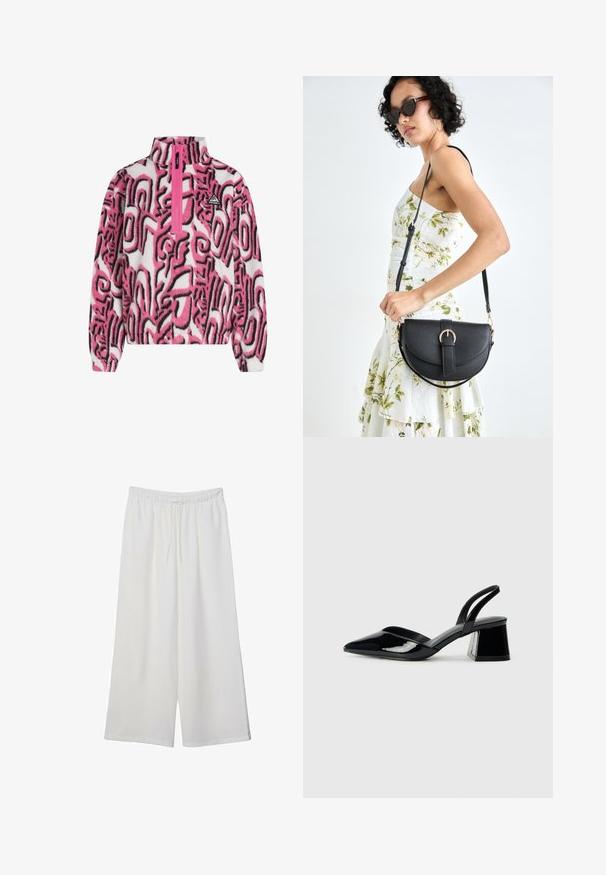 Fleece pulover s polovičnim zadrgo v roza in beli barvi, ki ima drzne črne abstraktne vzorce in majhen logotip na prsih. Mehak material.; Bele široke hlače iz lahkega materiala, ki imajo elastičen pas in vrvico za prilagajanje. Gladka tekstura.; Črne lakirane slingback pete s koničastim nosom in geometrijsko blokasto peto. Imajo eleganten, minimalističen dizajn in gladko teksturo.; Črna usnjena torbica s ukrivljeno obliko, z odstranljivo naramnico in zlatimi dodatki. Torbica ima pokrov s podrobnostmi v obliki zaponke.
