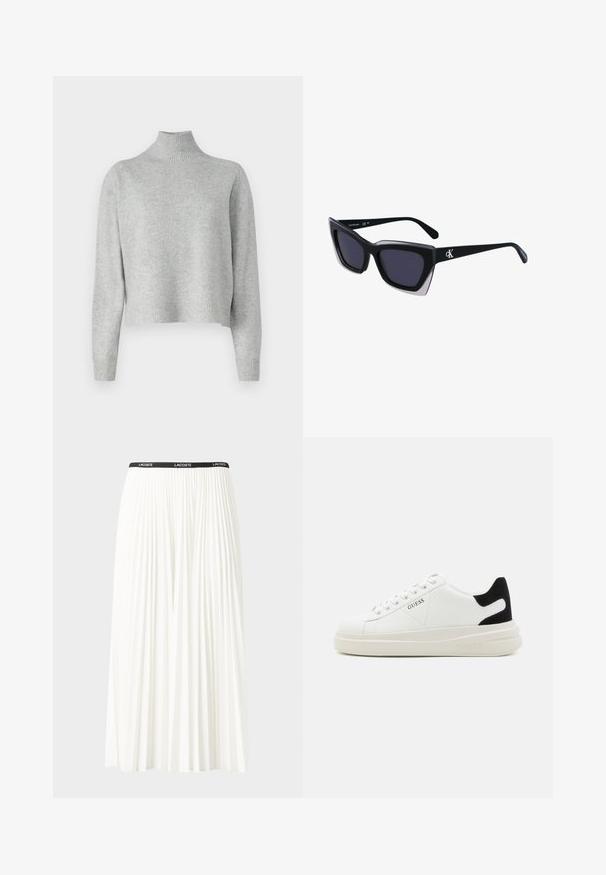 Light grey turtleneck sweater made of soft knit fabric, featuring long sleeves and a ribbed hem and cuffs. No patterns or hardware details.; Pleated white skirt with a black elastic waistband featuring the "LACOSTE" logo. Mid-length design with soft texture.; White leather sneakers with a thick white sole, black suede heel accent, and embossed logo on the side. Laced design with six eyelets.; Black oversized sunglasses with a geometric shape, featuring dark lenses and a contrasting grey detail on the frame. Logo on the arm.