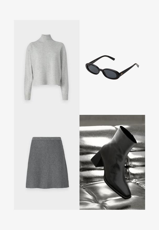 Light grey turtleneck sweater made of soft knit fabric, featuring long sleeves and a ribbed hem and cuffs. No patterns or hardware details.; Gray wool skirt with a fitted waistband, A-line shape, and smooth texture. No pockets or visible hardware details.; Black ankle boot made of glossy material with a square toe and tapered heel, set against a shiny silver tufted background.; Black oversized sunglasses with oval lenses, smooth plastic frame, and gold accents on temple. Dark lenses provide sun protection.; Black leather shoulder bag with a smooth texture, curved shape, and a single adjustable strap featuring gold hardware and a branded accent.