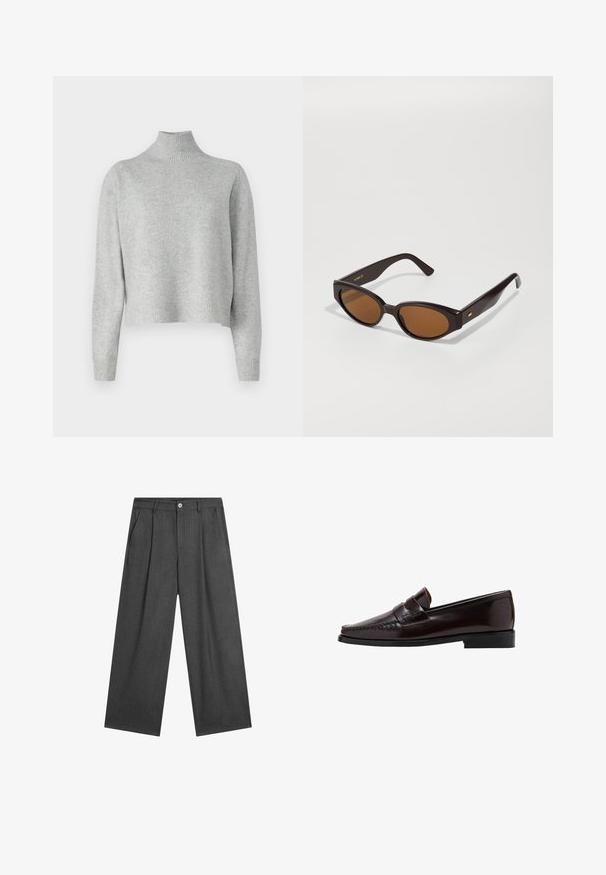 Lichtgrijze coltrui van zachte brei, met lange mouwen en een ribgebreide zoom en manchetten. Geen patronen of hardware details.; Donkergrijze, ruime broek met subtiele streepjes, plooien aan de voorkant en een enkele knoopsluiting bij de taille.; Bruine leren instapper met een moccasin-stijl voorkant, verhoogde stiksels langs de voet en een lage zwarte rubberen zool. Glad, gepolijst oppervlak.; Faux cat-eye zonnebril met donkerbruine kunststof monturen en bruine glazen. Bevat gouden logo-details op de arm en een gladde, glanzende textuur.; Zwarte leren schoudertas met een gebogen vorm, gladde textuur en een lange verstelbare strap. Bevat een subtiele knoopdetail en heeft een minimalistisch ontwerp.