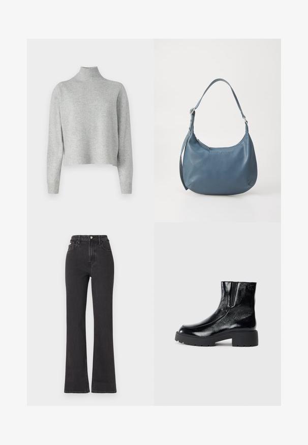Pulover turtleneck de culoare gri deschis, fabricat dintr-un material tricotat moale, cu mâneci lungi și tivuri și mansete canelate. Fără modele sau detalii de metal.; Jeans negre cu talie înaltă, evazate, din denim, cu închidere prin buton, bucle pentru curea și buzunare laterale. Textură netedă, cu decolorare minimă.; Botine negre până la gleznă, cu un finisaj de piele lacuită strălucitoare, talpă de cauciuc neagră masivă și toc înălțat; include detalii subtile cu logo pe lateral.; Geantă de umăr din piele albastră, cu o formă rotunjită, bretea unică, închidere cu fermoar și numele brandului embosat pe față. Textură netedă.
