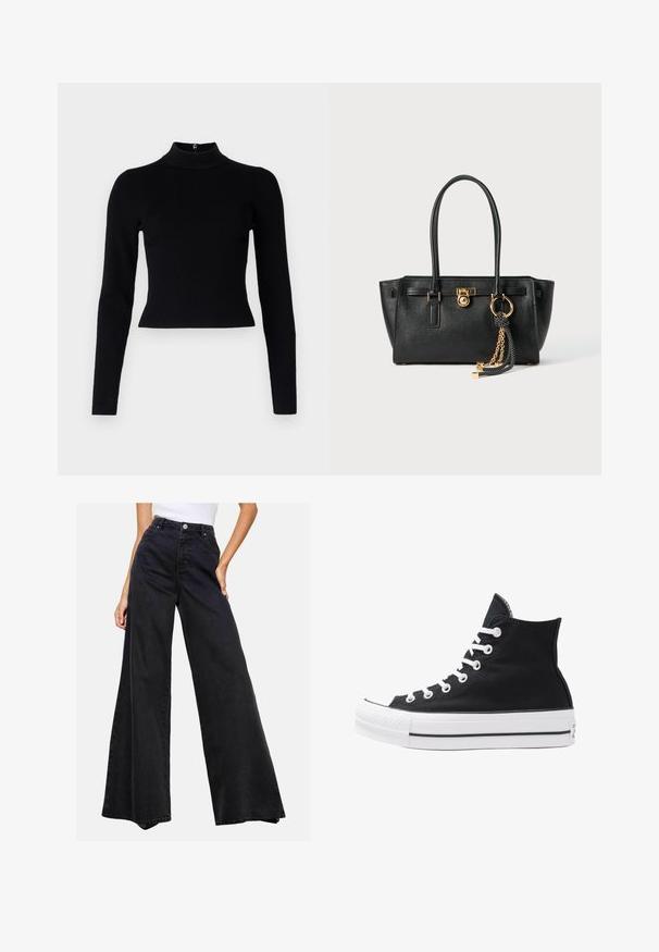 Maglione a collo alto nero a coste con maniche lunghe e silhouette aderente, caratterizzato da una texture liscia e un dettaglio con zip sul retro.; Camicia a maniche lunghe realizzata in tessuto leggero, con righe verticali blu e bianche, colletto classico e polsini con bottoni.; Jeans neri a gamba ampia realizzati in denim. Vita alta con chiusura a bottoncino, caratterizzati da un design pulito e senza motivi o accenti prominenti.; Sneaker alta nera in tela con occhielli e lacci bianchi e suola in gomma. Presenta un punta testurizzata e accenti a strisce bianche e nere.; Borsa a mano in pelle nera con doppi manici, lucchetto dorato e dettaglio a catena, accessorio con nappina in bianco e nero su sfondo bianco.