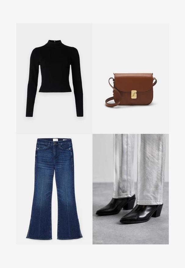 Mustmustöödaga must ribakudum, millel on pikad varrukad ja liibuv siluett, sujuva tekstuuriga ning seljaosa tõmblukuga detail.; Pikkade varrukatega valge T-särk, mis on valmistatud ribakujulisest puuvillast, ümmarguse kaeluse ja sirge hemiga. Lihtne disain ilma mustrite või aktsentideta.; Tumedat sinised laiad teksad, mis on valmistatud denimist. Omavad kõrget vööd, eesmine taskud ja lõhikud hemmi juures. Klassikaline viie-tasku disain.; Must musta ankle boots, mille musta ja terava nina ning plokkjala, kombineeritud läikivate hõbedaste pükstega, esitades sujuvaid tekstuure ja kontrastseid värve.; Pruunist nahast käekott, millel on klapiga sulgur, kuldne riistvara, õlarihm ja sile tekstuur. Kompaktne ristkülikukujuline vorm.