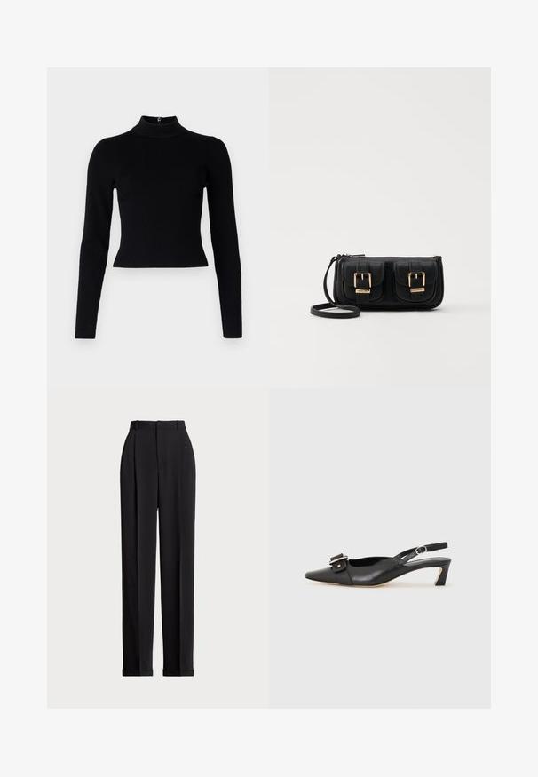 Czarny prążkowany sweter z golfem, z długimi rękawami i dopasowanym krojem, o gładkiej fakturze i z zapięciem na zamek z tyłu.; Czarne dopasowane spodnie z wysokim stanem, z kantami z przodu, prostą nogawką i mankietem na dole. Wykonane z gładkiego materiału.; Czarne skórzane buty typu slingback z ostrym noskiem, małym obcasem i ozdobnym zapięciem na górze. Gładka faktura, minimalistyczny design.; Czarna skórzana torba na ramię z dwoma przednimi kieszeniami, złotymi klamrami, zamkiem błyskawicznym i cienkim paskiem. Teksturowana powierzchnia i kompaktowy prostokątny kształt.