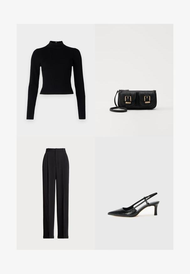 Melna rievota augsta apkakles džemperis ar garām piedurknēm un pieguļošu siluetu, ar gludu tekstūru un aizmugurē esošu rāvējslēdzēju.; Melnas piegriezuma bikses ar augstu jostasvietu, priekšā ar krokām, taisna kāju dizains un ar aprocēm. Izgatavotas no gludas auduma.; Melna patent āda ar slīdošo papēdi un smailo purngalu, ar teksturētu čūsku drukājumu, regulējamu siksniņu un īsu teksturētu blokpapēdi.; Melnas ādas crossbody soma ar divām priekšējām kabatām, zelta sprādzēm, ar rāvējslēdzēju aizdari un šauru siksnu. Strukturēta virsma un kompakta taisnstūra forma.