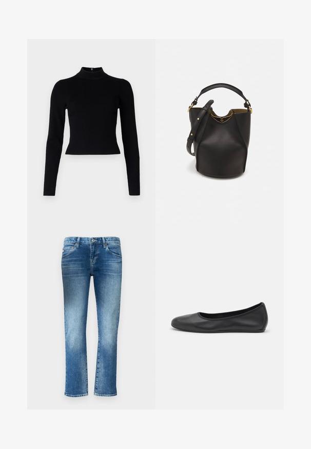Černý žebrovaný rolák s dlouhými rukávy a přiléhavým střihem, s hladkou texturou a detaily na zadním zipu.; Světle modré džínové kalhoty se střihovým provedením rovného nohavic, jemným vyblednutím a středně vysokým pasem. Obsahují pět kapes a poutka na opasek.; Černé kožené baletní byty s kulatou špičkou, hladkou texturou, minimálními švy a flexibilním designem podrážky.; Černá kožená kabelka ve tvaru vědra s texturovaným povrchem, zlatými kovovými akcenty a otevřeným vrchem. Obsahuje krátkou rukojeť a nastavitelný ramenní popruh.