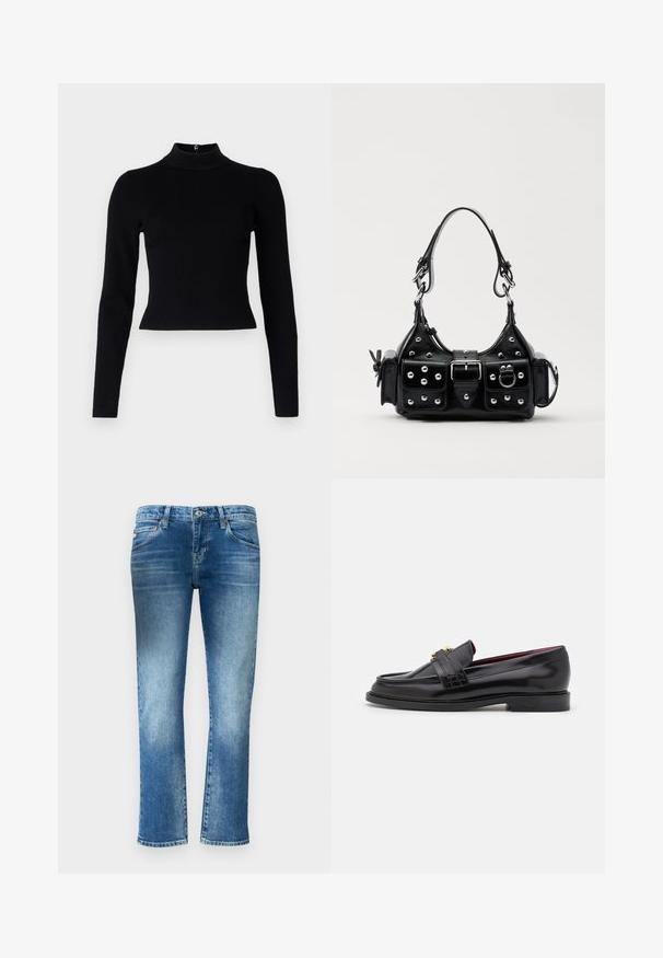 Musta ribbikuvioitu korkeakauluksinen neulepaita, jossa on pitkät hihat ja vartalonmyötäinen silhouette. Paita on sileätekoinen ja siinä on takana vetoketjuyksityiskohta.; Vaaleansiniset farkut suoran lahkeen muotoilulla, hienovaraisella haalistuella ja keskipitkällä vyötäröllä. Varusteena viisi taskua ja vyölenkit.; Mustat nahkakengät, joissa on ommeltu kuvio, sileä pinta, kultainen solkiyksityiskohta ja pyöreä kärki, asetettu matalalle mustalle pohjalle.; Musta nahkainen käsilaukku, jossa on kaareva muotoilu, hopeiset niitit, solki ja kaksi sivutaskua. Säädettävä olkahihna erilaisiin kantovaihtoehtoihin.