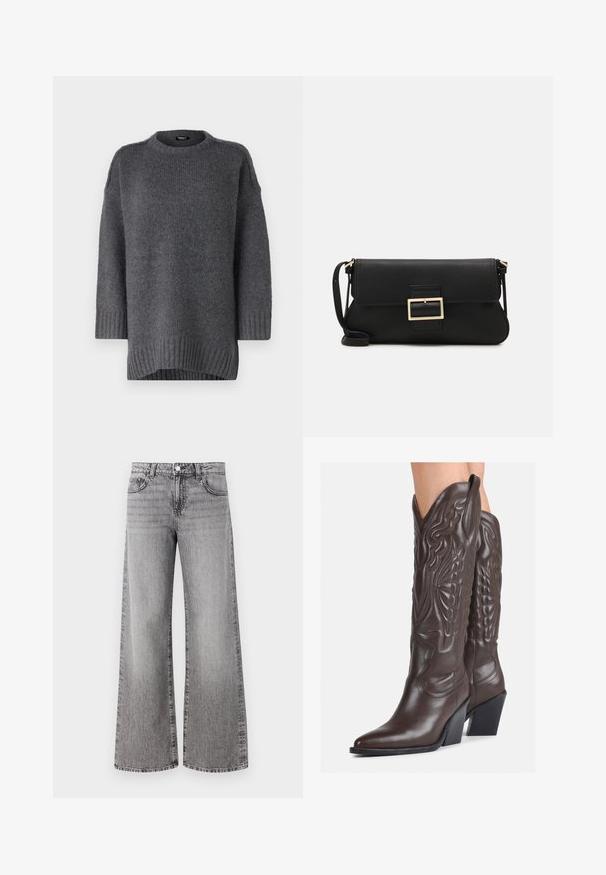 Gray knitted sweater with a round neckline, ribbed cuffs, and hem. Features a relaxed fit and soft texture. Mid-length sleeves.; White sleeveless tank top made of ribbed fabric, featuring a rounded neckline and a fitted silhouette, with minimal seams and no embellishments.; Wide-leg jeans made of grey denim with a faded finish. Features classic pockets and a button closure at the waist.; Brown leather cowboy boots with pointed toe and block heel, featuring detailed stitching and raised accents on the shaft.; Black leather clutch bag with a flap and a gold metal buckle detail. Includes a black strap and a sleek, minimalist design.; Silver hoop earrings with a twisted design, featuring a polished finish and post-back closure. Measure approximately 3 cm in diameter.