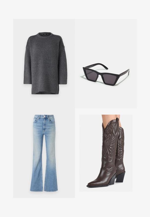 Γκρι πλεκτό πουλόβερ με στρογγυλή λαιμόκοψη, ριμπ μανσέτες και στρίφωμα. Διαθέτει χαλαρή εφαρμογή και μαλακή υφή. Μανίκια μέσου μήκους.; Ανοιχτό μπλε τζιν φαρδιάς γραμμής από τζιν, με ψηλή μέση, σχέδιο με πέντε τσέπες και διακριτική βαθμιαία απώλεια χρώματος προς το στρίφωμα.; Καφέ δερμάτινες καουμπόικες μπότες με μυτερή μύτη και τετράγωνη σόλα, με λεπτομερή ραφή και ανυψωμένα στοιχεία στον κορμό.; Μαύρα, γωνιώδη γυαλιά ηλίου με γκρι φακούς; κατασκευασμένα από πλαστικό, με χοντρές βραχίονες με λεία επιφάνεια και χωρίς ορατό μηχανισμό.; Μαύρη δερμάτινη τσάντα φάκελος με καπάκι και χρυσή μεταλλική λεπτομέρεια αγκράφας. Περιλαμβάνει μαύρη θήκη και κομψό, μινιμαλιστικό σχέδιο.; Χρυσά σκουλαρίκια κρίκοι με ομαλή, γυαλιστερή επιφάνεια. Κυκλικός σχεδιασμός που διαθέτει μια μικρή βάση και διαφανή στήριξη για ασφαλή χρήση.
