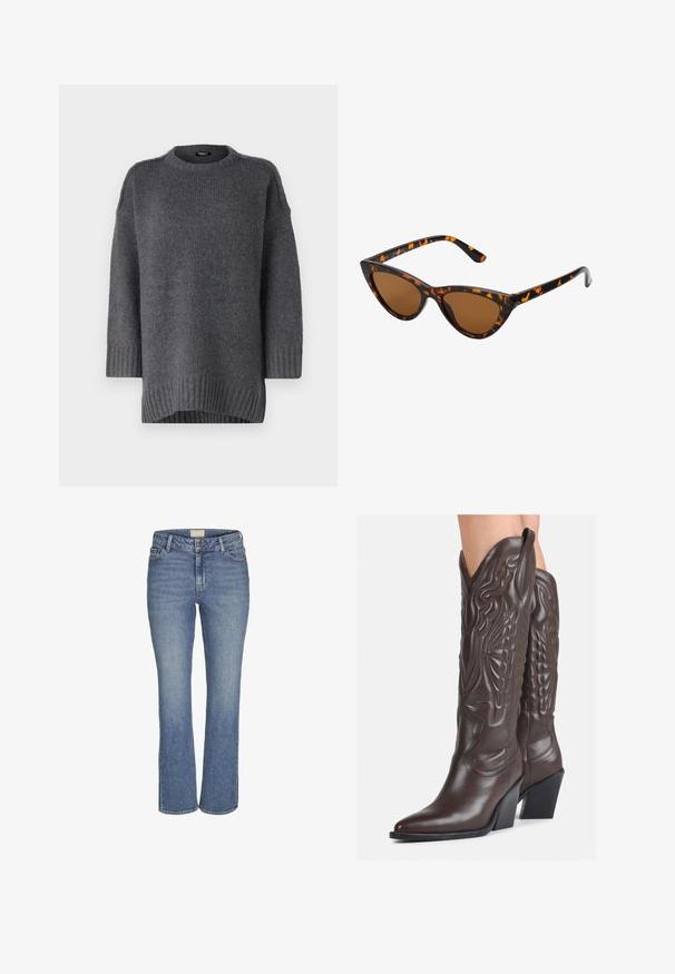 Szary sweter dzianinowy z okrągłym dekoltem, ściągaczowymi mankietami i dołem. Posiada luźny krój i miękką teksturę. Rękawy o średniej długości.; Niebieskie dżinsy straight-leg z zamkiem błyskawicznym i guzikiem z przodu, z pętlami na pasek oraz przednimi i tylnymi kieszeniami.; Brązowe skórzane kowbojki z noskiem w kształcie migdała i blokowym obcasem, z detalicznym przeszyciem i podniesionymi akcentami na cholewce.; Okulary przeciwsłoneczne w kształcie kocich oczu z czarno-pomarańczową oprawą w deseń żółwia, brązowymi soczewkami i eleganckimi, spiczastymi końcówkami. Posiadają minimalistyczne logo na zauszniku.