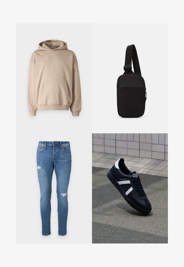 Beige hooded sweatshirt, soft fabric, loose fit, kangaroo pocket, ribbed cuffs and hem, minimalistic design, smooth texture.; Faded blue denim jeans with a slim fit, featuring distressed areas at the knees, a button closure, and five-pocket design.; Black leather sneaker with white stripes, textured rubber sole, and lace-up front. Features a branded label on the tongue.; Black crossbody bag made of durable fabric, featuring a single adjustable strap, a zippered main compartment, and a front pocket.