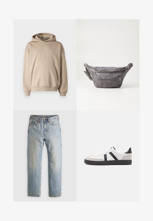Beige hooded sweatshirt, soft fabric, loose fit, kangaroo pocket, ribbed cuffs and hem, minimalistic design, smooth texture.; Light blue denim jeans with high waist, front button, zipper, and five-pocket design, laid flat on a neutral background.; White sneaker with black and gray accents, featuring a textured gray toe cap, black rubber sole, and flat white laces. Clean design, minimalist style.; Gray suede fanny pack with a rounded shape, two zippered compartments, and adjustable strap. Features metal hardware accents.
