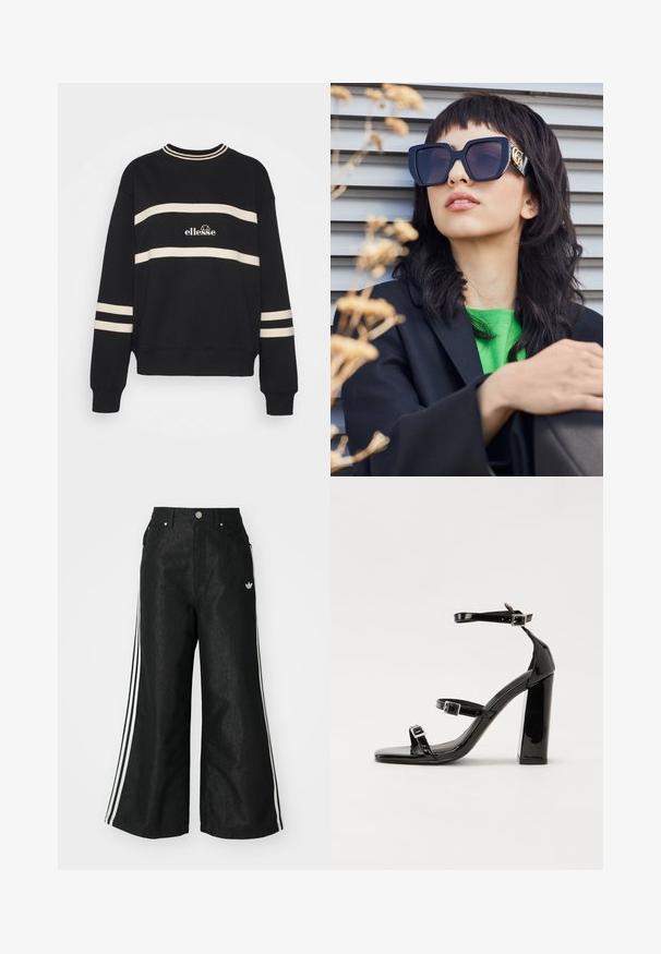 Čierna mikina s dvoma vodorovnými krémovými pruhmi, rebrovaným výstrihom a logom v strede. Rukávy majú podobný pruhový detail.; Čierne džínsy s širokým strihom, s tromi bielymi pruhmi po stranách a malým bielym logom. Obsahujú predné vrecká a zapínanie na gombík.; Čierne lakované sandále na podpätku so štvorcovou špičkou, navlečenými remienkami okolo členku a striebornými prackami. Disponujú masívnym blokovým podpätkom pre stabilitu.; Prehnané čierne slnečné okuliare s hrubým rámom a zlatým akcentom, nosené s čiernym sakom a jasne zelenou košeľou, na horizontálnom pozadí.