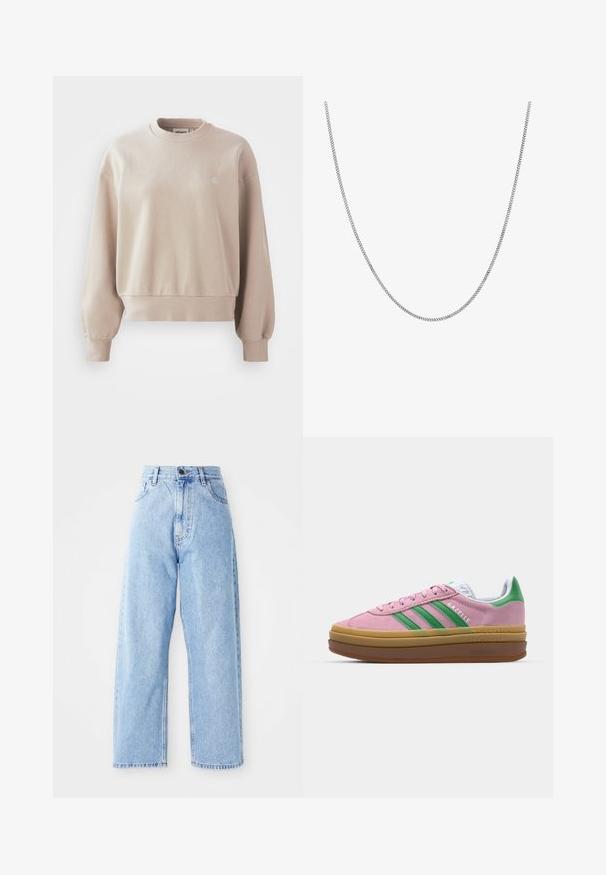 Sweatshirt en coton beige avec un col rond, des poignets et un ourlet côtelés, présentant un petit logo sur la poitrine et une coupe décontractée.; T-shirt en coton blanc avec une coupe décontractée, des manches courtes et un petit logo brodé sur la poitrine gauche.; Jeans en denim bleu clair taille haute avec des jambes droites larges, fermeture à bouton à l'avant, fermeture éclair et poches avant et arrière.; Baskets en daim rose avec des rayures vertes, des accents blancs et une semelle en caoutchouc brun. Comportent un tissu texturé et un détail de logo sur le côté.; Collier en chaîne en argent avec un design de maillons plats ronds et lisses. Présente une finition brillante et mesure environ 50 cm de longueur.