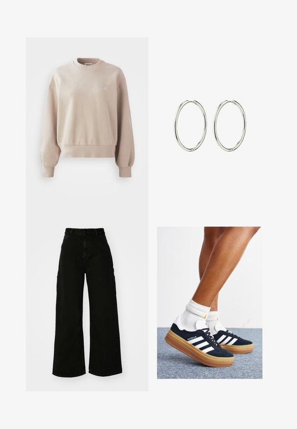 Beige cotton sweatshirt with a rounded neckline, ribbed cuffs, and hem, featuring a small logo on the chest and a relaxed fit.; Black wide-leg cargo pants made of denim, featuring a high waist, front button closure, and side pockets. Smooth texture with minimal stitching.; Black suede sneakers with white stripes and accents, rounded toe, gum rubber outsole, paired with white ribbed crew socks.; Silver hoop earrings with a smooth, polished finish. Round shape, lightweight design, featuring a secure clasp mechanism.