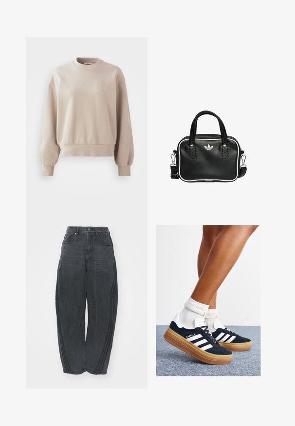 Beżowa bawełniana bluza z okrągłym dekoltem, ściągaczami na rękawach i u dołu, z małym logo na piersi i swobodnym krojem.; Luźne czarne dżinsy z wyblakłym wykończeniem, pięć kieszeni, zapięcie na guzik w pasie oraz szwy na przodzie i bokach.; Czarne zamszowe trampki z białymi paskami i akcentami, zaokrąglonym noskiem, gumową podeszwą w kolorze jasno-brązowym, zestawione z białymi żebrowanymi skarpetkami do kostki.; Czarna skórzana torebka z dwoma krótkimi uchwytami, srebrnymi akcentami, białymi detalami i białym logo. Posiada teksturowaną powierzchnię oraz kompaktowy design.