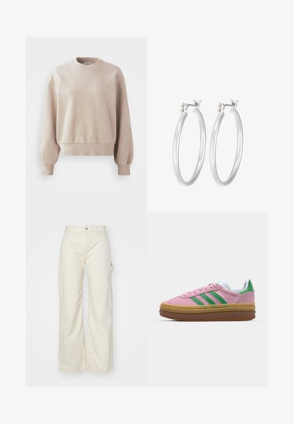 Sudadera de algodón beige con cuello redondo, puños y dobladillo acanalados, que presenta un pequeño logo en el pecho y un corte relajado.; Pantalones de pierna ancha en tela beige claro, con cintura alta, bolsillos frontales y un detalle de lazo lateral para mayor funcionalidad.; Zapatillas de ante rosa con rayas verdes, acentos blancos y una suela de goma marrón. Presentan un tejido texturizado y detalles del logo en el costado.; Pendientes de aro de plata con un acabado liso y pulido. Forma redonda y cierre de click seguro. Diseño ligero adecuado para el uso diario.