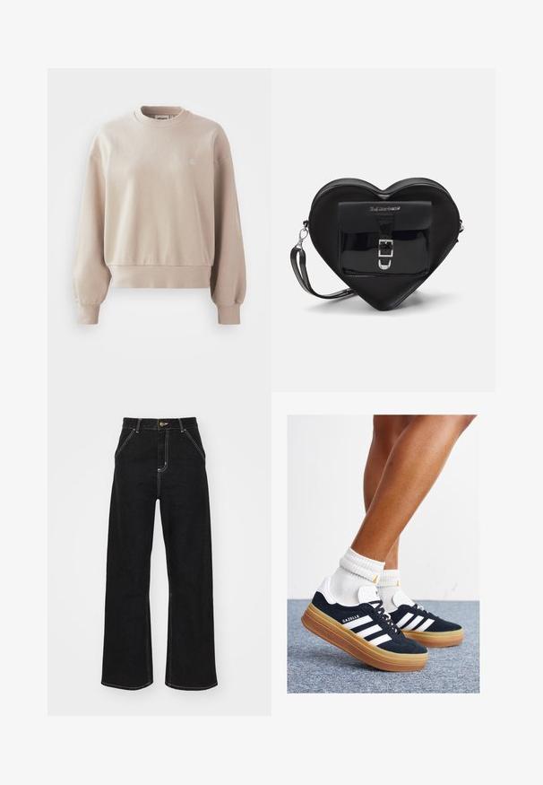 Bež vaflasta majica iz bombaža z zaobljenim ovratnikom, rebrastimi manšetami in robom, ki ima majhen logo na prsih in sproščen kroj.; Črne široke kavbojke iz denima, ki imajo kontrastne bele šive in sprednje gumbno zapiranje, ter dve nagnjeni sprednji žepi.; Črni antilop superge z belimi črtami in poudarki, okrogel prst, gumijasti podplat, kombinirane z belimi rebrastimi nogavicami.; Črna torbica v obliki srca, izdelana iz lakirane usnje, s sprednjim žepom, ki se zapira z zaponko, in snemljivim trakom. Srebrni dodatki.