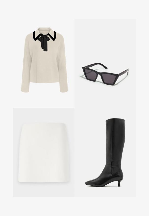 Bežinė ilgomis rankovėmis bliuzonai su juodu koloriumi ir kaspino detale. Minkšta tekstūra, laisvas siluetas ir trumpas ilgis.; Balta, prigludusi mini sijonas su lygiu paviršiumi ir švariomis linijomis. Be matomų raštų ar detalių. Tiesus kraštas apačioje.; Zign Batai - black; Juodos, kampuotos saulės akinios su pilkais stiklais; pagaminti iš plastiko, su storomis šakėmis, turinčiomis lygų paviršių ir be matomų detalių.; Juodas zomšos sankabos krepšys su užtrauktuku ir nuimamu riešo dirželiu. Krepšys turi auksinės spalvos detales ir lygią, matinę tekstūrą.