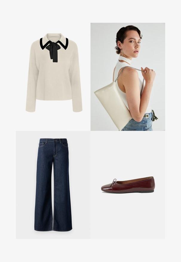 Blusa beige a maniche lunghe con colletto nero e dettaglio a fiocco. Tessuto morbido, vestibilità rilassata e design a lunghezza corta.; Jeans a gamba larga in denim blu scuro. Presentano cuciture a contrasto, cinque tasche e una chiusura con bottone in vita. Texture morbida.; Ballerine in pelle verniciata bordeaux con punta arrotondata, piccolo fiocco decorativo sulla parte anteriore e suola bassa in gomma nera. Texture liscia.; Borsa a pochette rettangolare bianca realizzata in materiale lucido, con una tracolla in catena argentata. Il modello posa, mostrando la borsa su uno sfondo semplice.