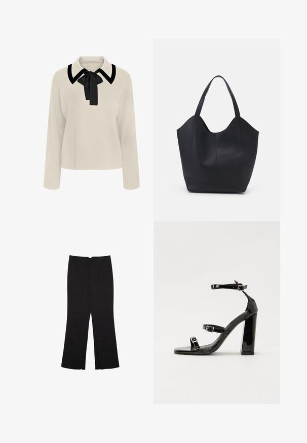 Beige pitkähihaisbluska, jossa on musta kaulus ja nauhat yksityiskohtana. Pehmeä rakenne, rento malli ja lyhennetty pituus.; Mustat housut suoralinjaisella leikkauksella, joissa on etutaskut ja sivurei'ät helman alla. Valmistettu pehmeästä ja sileästä kankaasta. Sopii eri tilaisuuksiin.; Musta kiiltävä korkokenkä sandaalit neliönmuotoisella varpaalla, nilkkaremmillä ja hopeisilla soljilla. Varustettu tukevalla lohkokorkealla vakauden takaamiseksi.; Mustat kangaskassit, jotka on valmistettu sileästä nahasta, jossa on kaareva, avoin yläosa, kaksi olkahihnaa ja minimalistinen muotoilu.