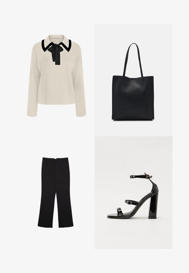 Bežová košile s dlouhým rukávem a černým límečkem a mašlí. Měkká textura, volný střih a design s krátkou délkou.; Černé kalhoty s rovným střihem, s předními kapsami a bočními rozparky na lemu. Vyrobené z jemné, hladké tkaniny. Vhodné na různé příležitosti.; Černé lakované sandály na podpatku se čtveratou špičkou, lýtkovými pásky a stříbrnými přezkami. Disponují masivním blokovým podpatkem pro stabilitu.; Černá kožená taška přes rameno s hladkým povrchem, obdélníkovým tvarem a dvěma dlouhými uchy. Žádné viditelné kování ani ozdoby.