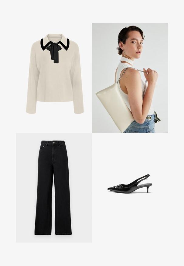 Beeži pikkade varrukatega pluus musta krae ja paela detailiga. Pehme tekstuur, mugav lõige ja lühike disain.; Kõrge vöökohaga mustad teksapüksid laia säärega disainiga, viie taskuga ja hõbedase tooni metalldetailidega. Üldiselt sile tekstuur.; Musthave nahkased kõrged kontsad, millel on terav varvas, väike kitten-kont ja dekoratiivne sõlm ees. Ühtlane sile tekstuur.; Valge ristkülikuline kotti, mis on valmistatud läikivast materjalist, hõbedase ahelsangaga. Mudel poseerib, tutvustades kotti ühtlase taustaga.