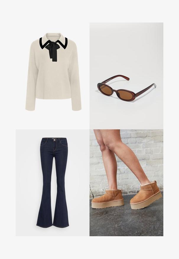 Beige long-sleeve blouse with a black collar and bow detail. Soft texture, relaxed fit, and a cropped length design.; Dark denim flared jeans with a fitted waist, featuring a front button closure, five-pocket design, and seam detailing along the legs.; Brown suede ankle boots with a plush lining, thick beige platform sole, and a rear pull tab. Textured surface with visible stitching details.; Round, brown-tinted sunglasses with a glossy burgundy frame. Slim arms with subtle branding detail. Flat lens design.