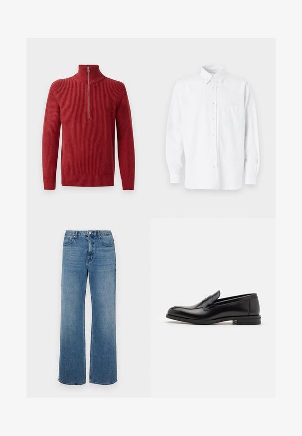 Piros bordázott kötött pulóver magas nyakkal és fél cipzárral. A textúra strukturált és meleg, alkalmas hűvös időjárásra.; Fehér gombos ing, gallérral, finom függőleges csíkokkal, hosszú ujjal, mellzsebekkel és klasszikus kerekített aljjal.; Széles lábú, koptatott kék farmernadrág. Öt zsebből, elülső gombos záródásból és egyenes szabásból áll.; Fekete bőr loaferek sima textúrával, kerek orral és dekoratív pánttal a vampnál. Alacsony, rétegelt sarkú, minimalista dizájn.