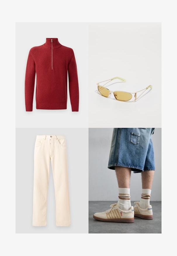 Crveni rebrasti pleteni pulover s visokim ovratnikom i zatvaranjem na zip. Tekstura je reljefna i topla, pogodna za hladnije vremenske uvjete.; Siva pamučna majica s malim vezom narančaste lisice iznad lijevog grudnog koša. Okrugli izrez, kratki rukavi i klasičan kroj.; Svijetlo bež traperice s ravnim nogavicama, pet džepova i prednjim kopčanjem na dugme. Šavovi su vidljivi duž šavova.; Bež retro tenisice sa smešnim gumiranim đonom, sa prugastim detaljima i izvezenim logotipima. Nose se sa belim čarapama i prugastim smešnim detaljem.; Nažute naočale za sunce s prozirnim zlatnim okvirom, uskim pravokutnim oblikom i oštrim rukama s svijetlozelenim naglascima.